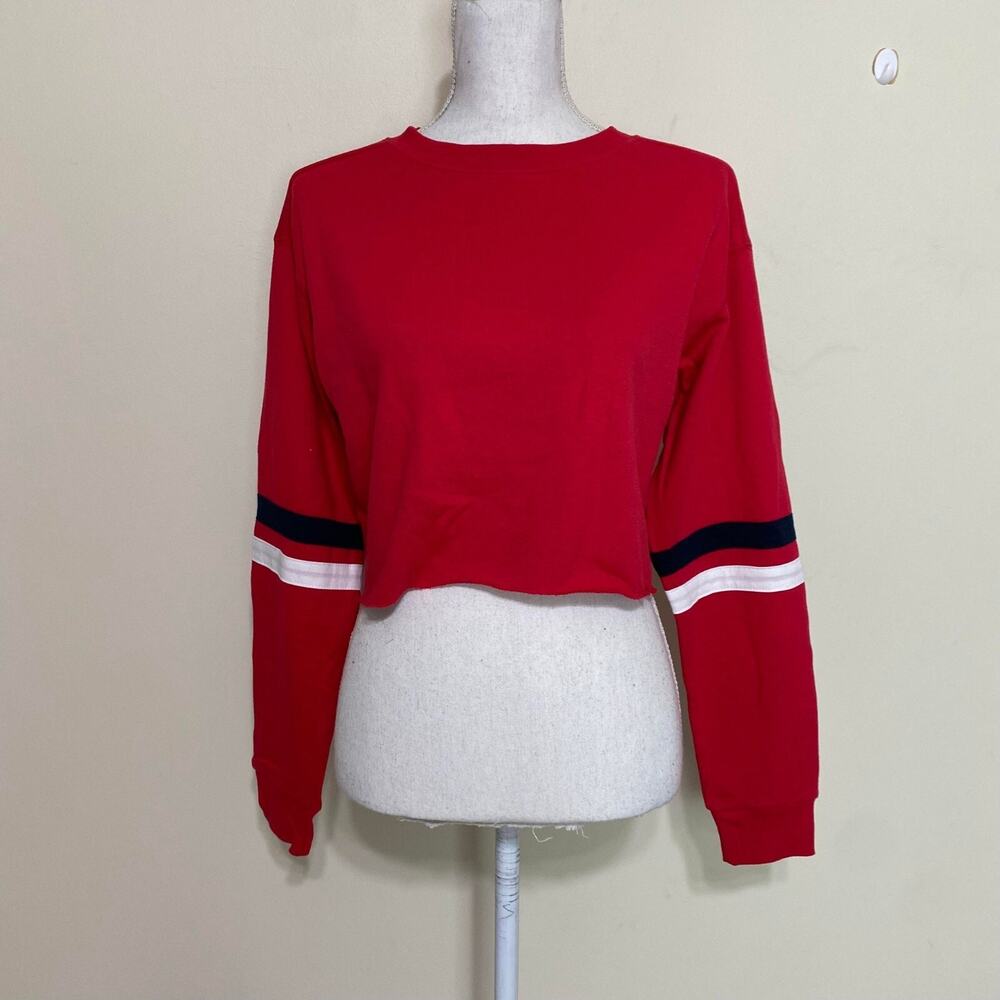 Reflex Casual Striped Long Sleeve Cropped Pullover Sweatshirt Red LARGE